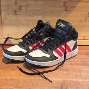 Adidas Black and White High-Tops with Red Accents